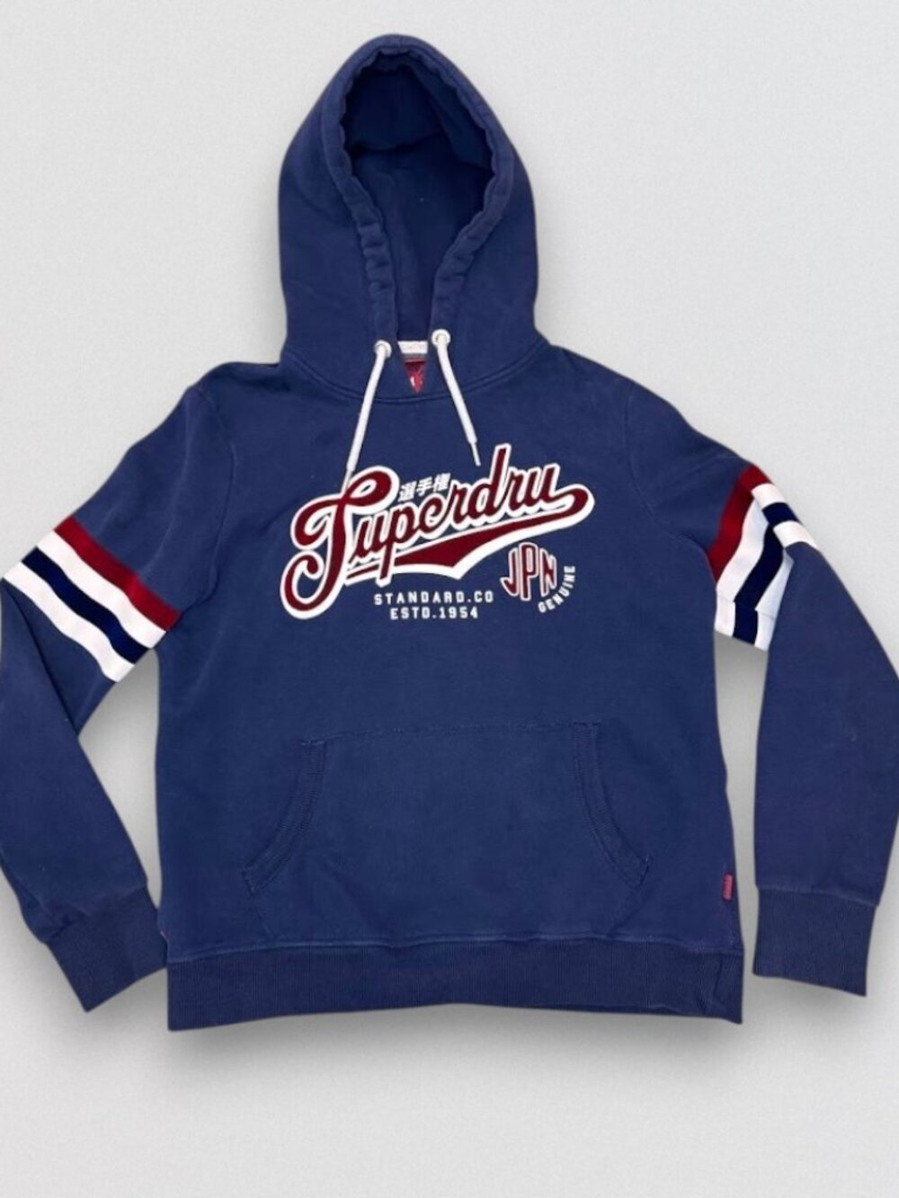 Blue Graphic Navy White Logo Hoodie Varsity Stripe Fleece Pullover US 12 UK 16